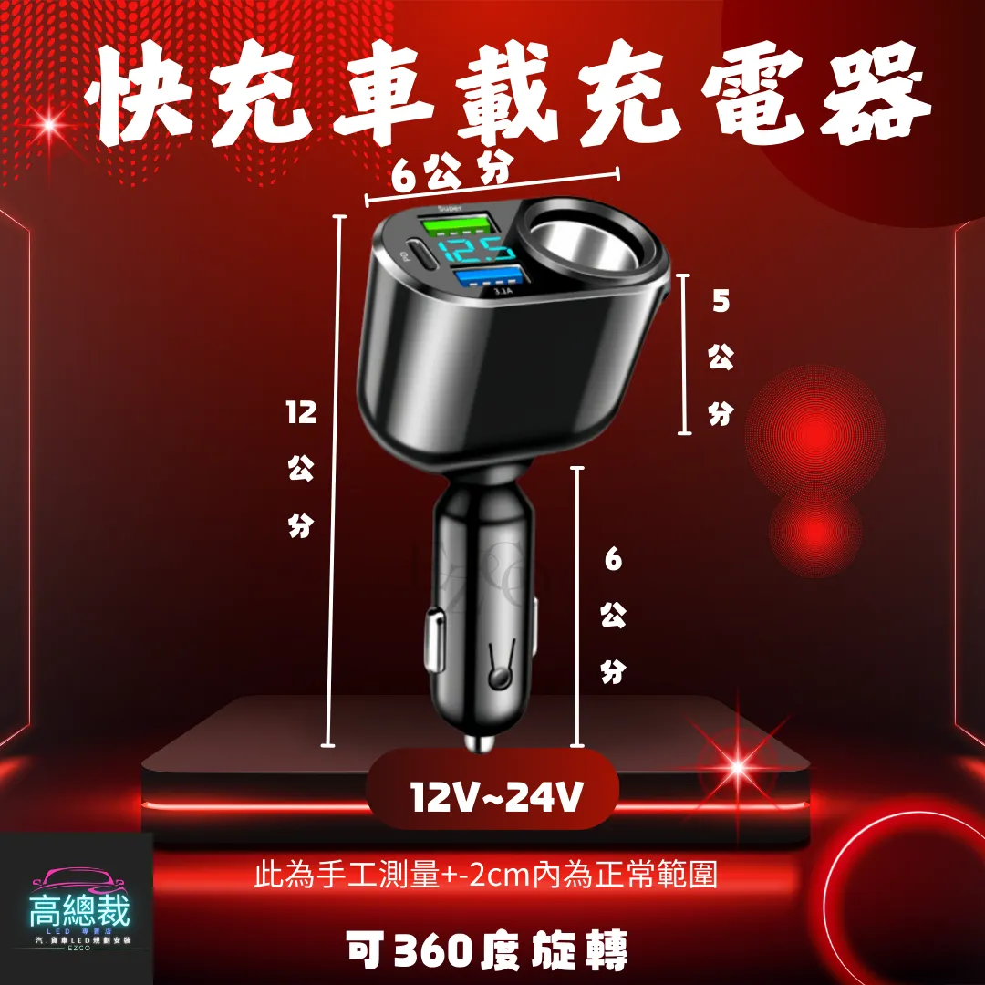 【高總裁LED 】台灣現貨 快充車載充電器 超級快充 車充 點煙轉換插頭 汽車用 貨車用 12v~24v通用