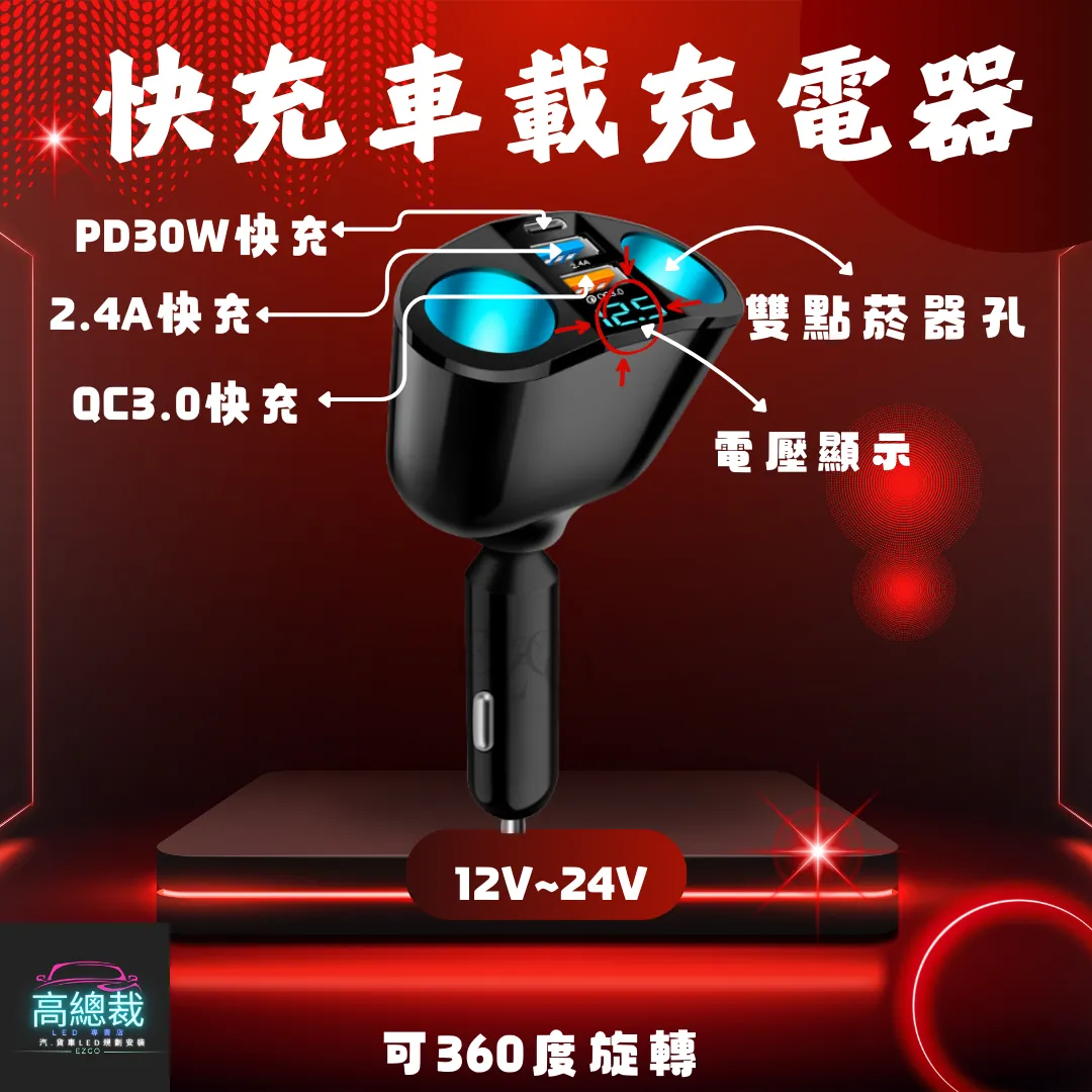 【高總裁LED 】台灣現貨 快充車載充電器 超級快充 車充 點煙轉換插頭 汽車用 貨車用 12v~24v通用