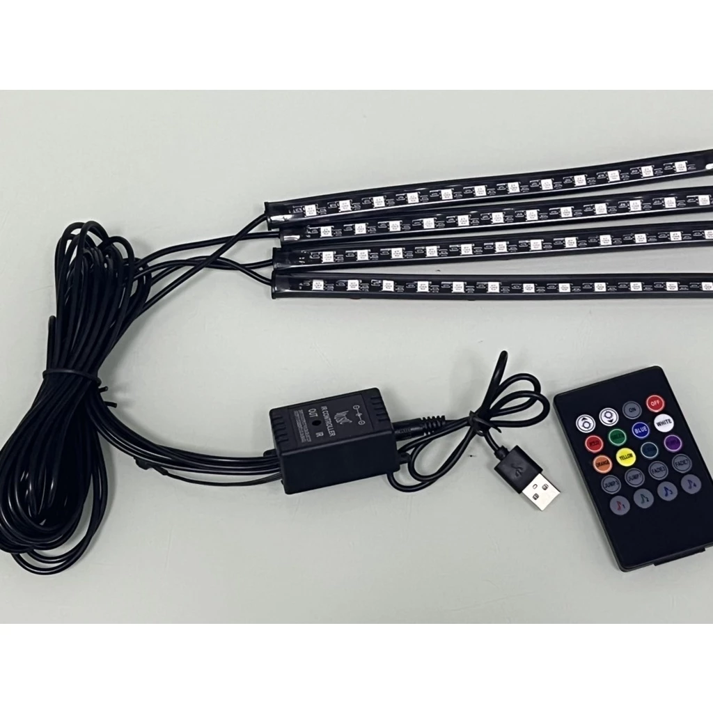【高總裁LED 】台灣現貨 車內氣氛燈 USB插頭 一拖四 無線遙控變色 音樂聲音變色 RGB幻彩 氛圍燈 車用氣氛燈