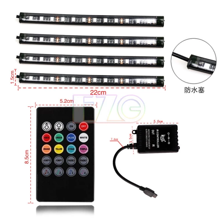 【高總裁LED 】台灣現貨 車內氣氛燈 USB插頭 一拖四 無線遙控變色 音樂聲音變色 RGB幻彩 氛圍燈 車用氣氛燈