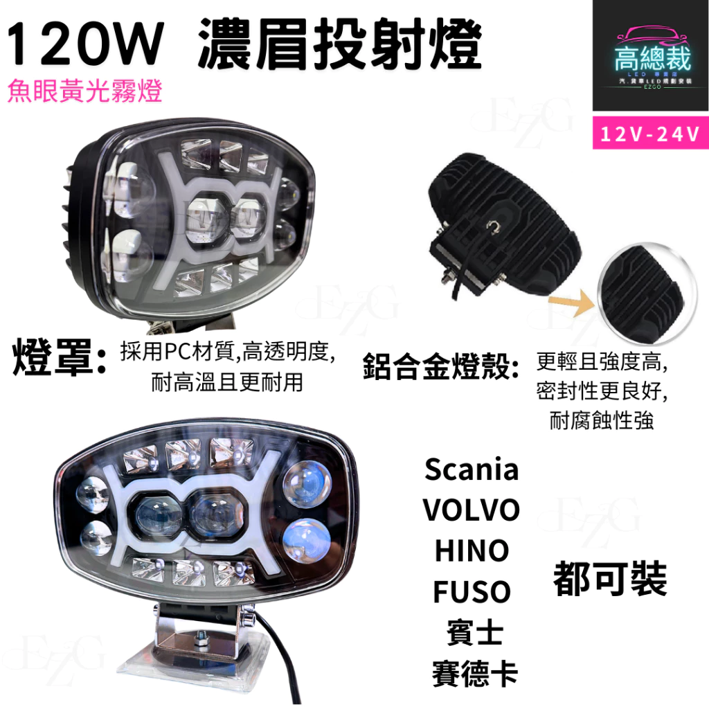 【高總裁LED】台灣現貨 120W濃眉投射燈 雙色魚眼 車頂燈 聚光燈 飛機燈 探照燈 Scania MAN DAF