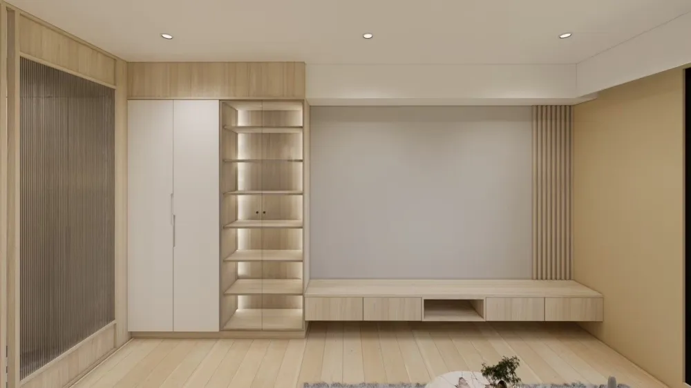 客廳立面設計完工照，系統櫃、展示層板與臥榻比例依設計圖說明施工，呈現室內設計流程中圖面與實際完成的一致性。