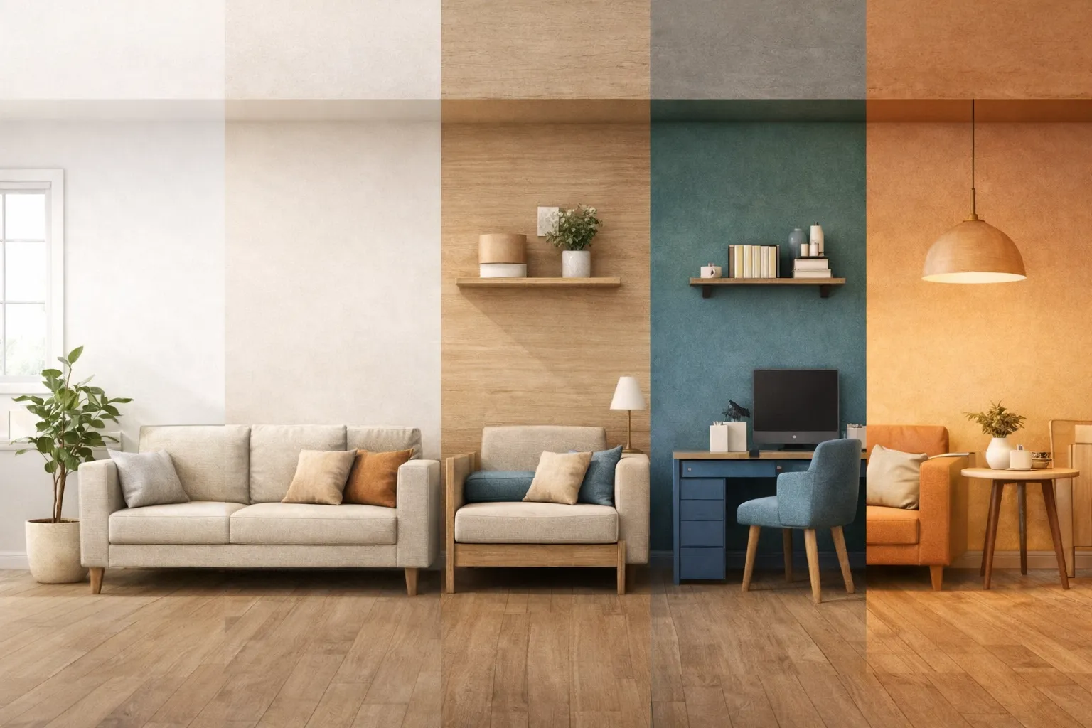 不同居家配色的空間色彩設計示例，從白色、木質色、藍綠色到暖橘色，呈現色彩心理對居家氛圍的影響