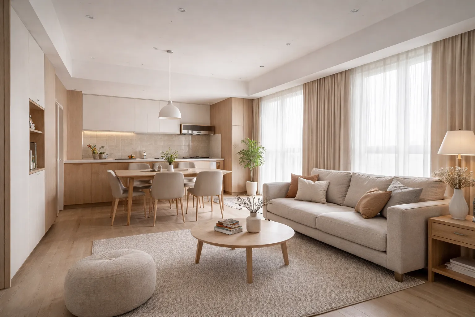 開放式客餐廳與廚房空間規劃，結合木質收納櫃體與簡約餐桌配置，透過動線設計提升小坪數住宅的機能性與居住舒適度。