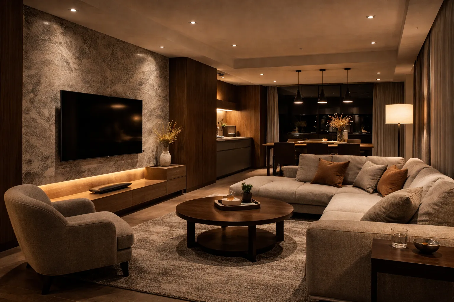 現代住宅客廳燈光設計,夜間以暖光與間接照明營造層次,結合開放式客餐廳空間,呈現舒適放鬆的居家照明氛圍