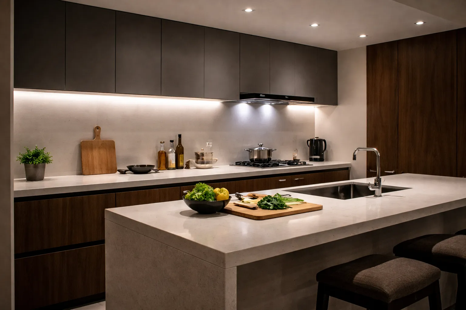 現代住宅廚房燈光設計,料理檯面採用局部冷光照明,搭配間接燈光配置,提升操作清晰度並兼顧居家整體氛圍