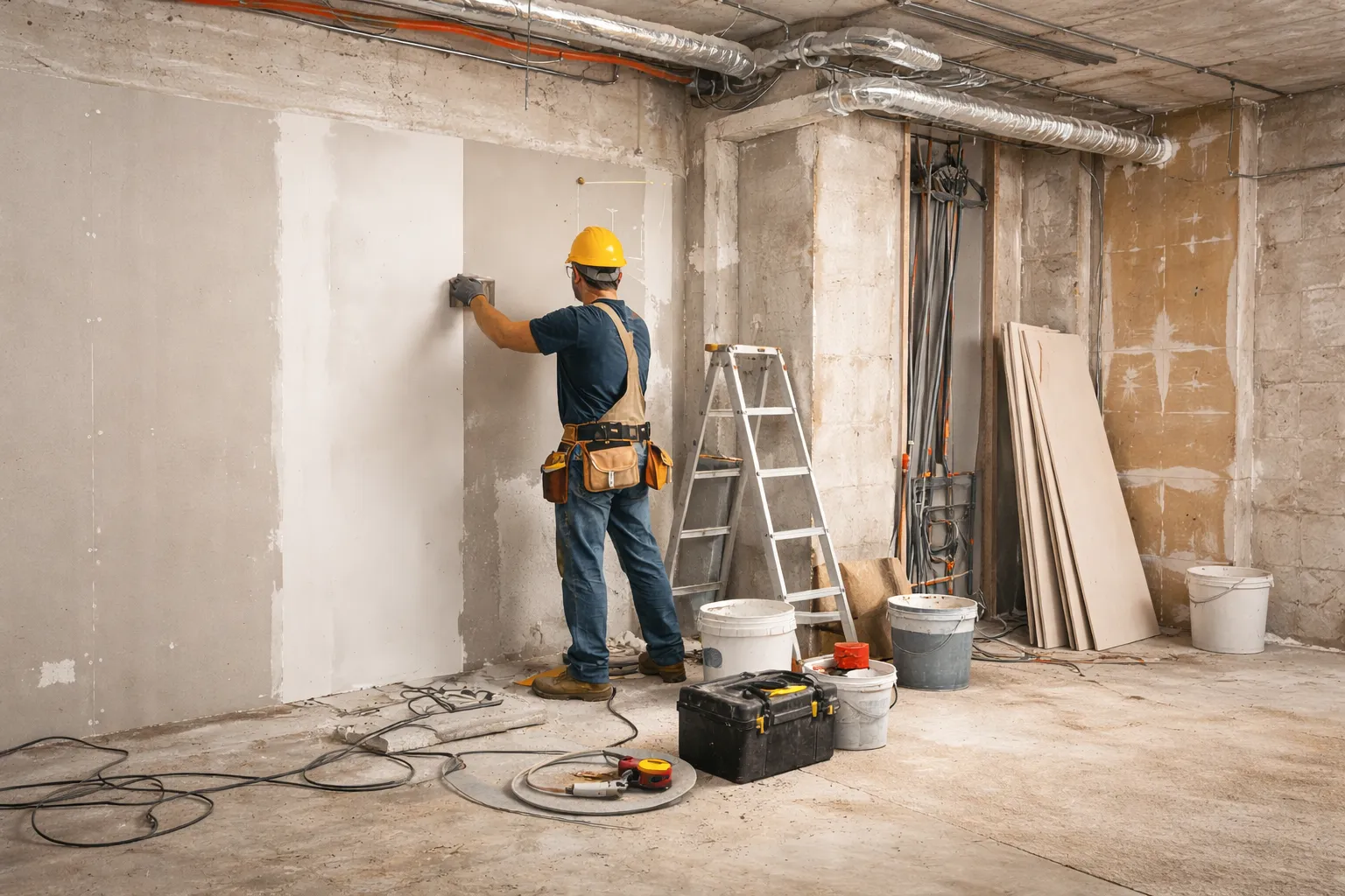 室內裝修施工現場,工班進行牆面批土與隔間工程,現場可見梯子、工具箱與建材,呈現空間從基礎工程到完工前的施工過程。