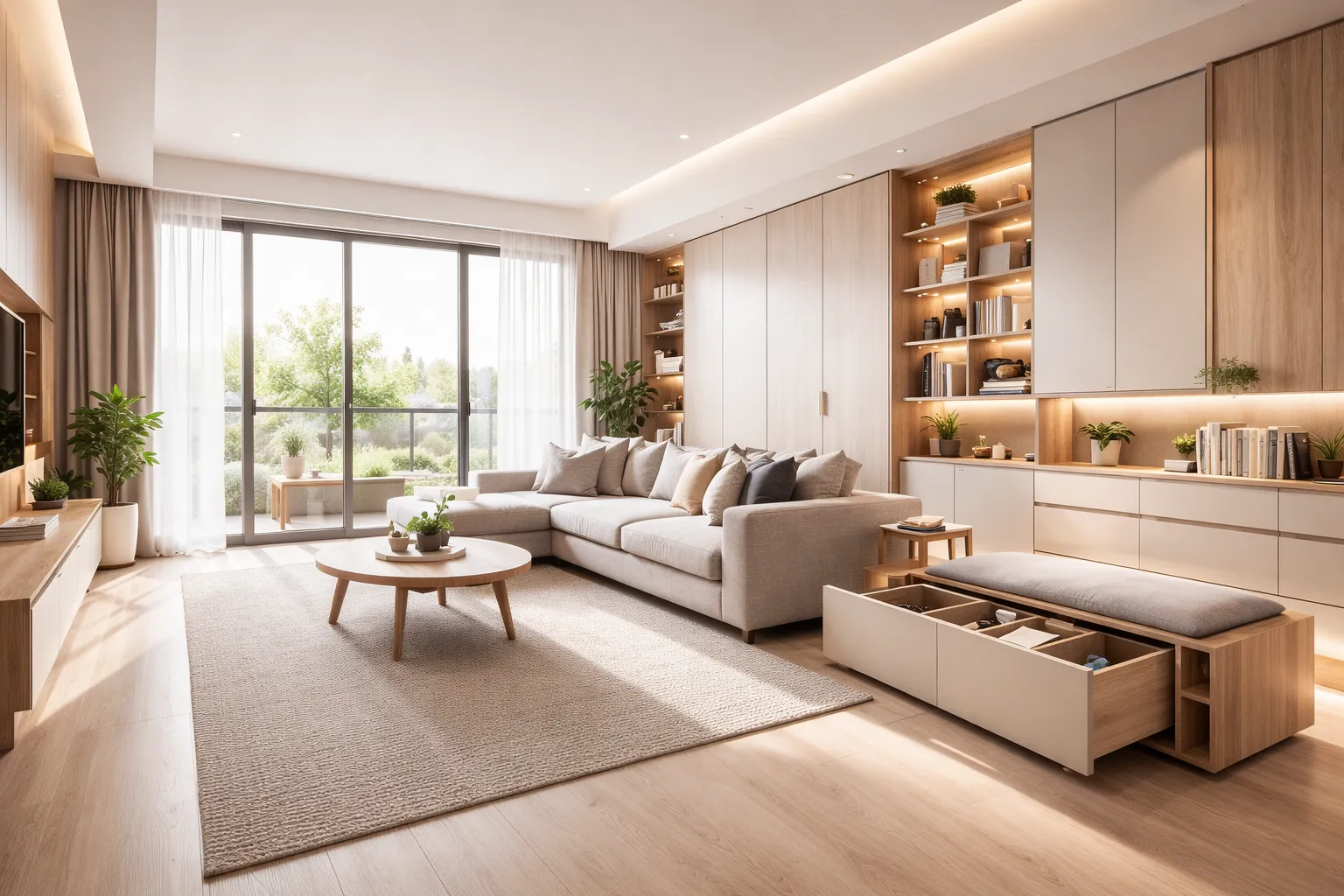 現代簡約風客廳空間設計，大面落地窗引入自然採光，搭配系統櫃電視牆與 L 型沙發配置，展現動線流暢與收納整合的室內空間規劃。