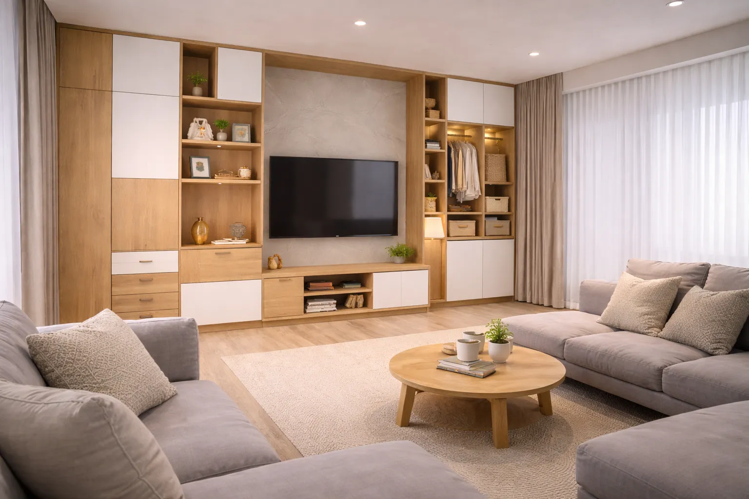 現代客廳木紋系統櫃與電視牆整合設計，淺木紋櫃體搭配白色門片與展示層架，營造溫暖且具有質感的居家空間