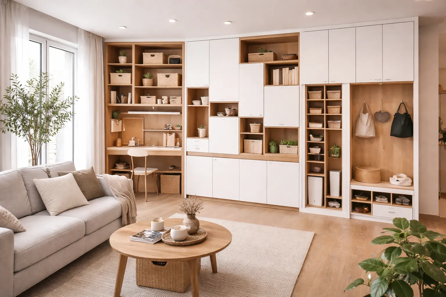 現代北歐風客廳系統櫃設計,結合開放收納與隱藏收納比例配置,搭配木紋與白色櫃體,提升空間整潔度與居家質感。