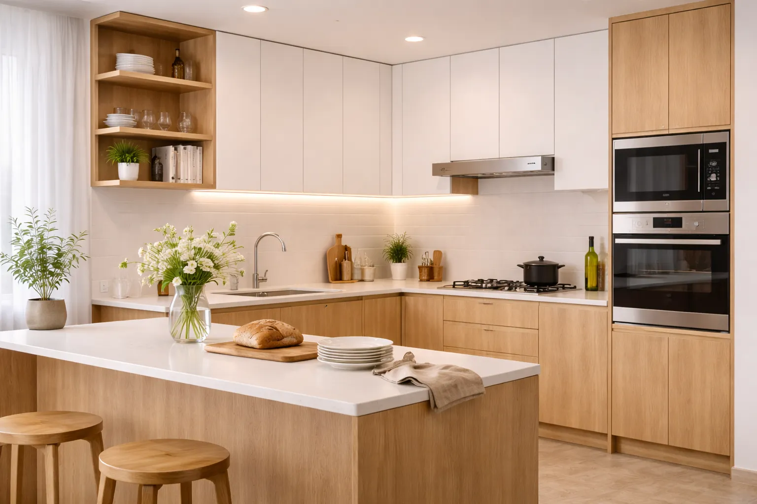 現代廚房設計結合木紋櫃體與中島料理台，呈現溫潤質感與高機能收納的廚房空間