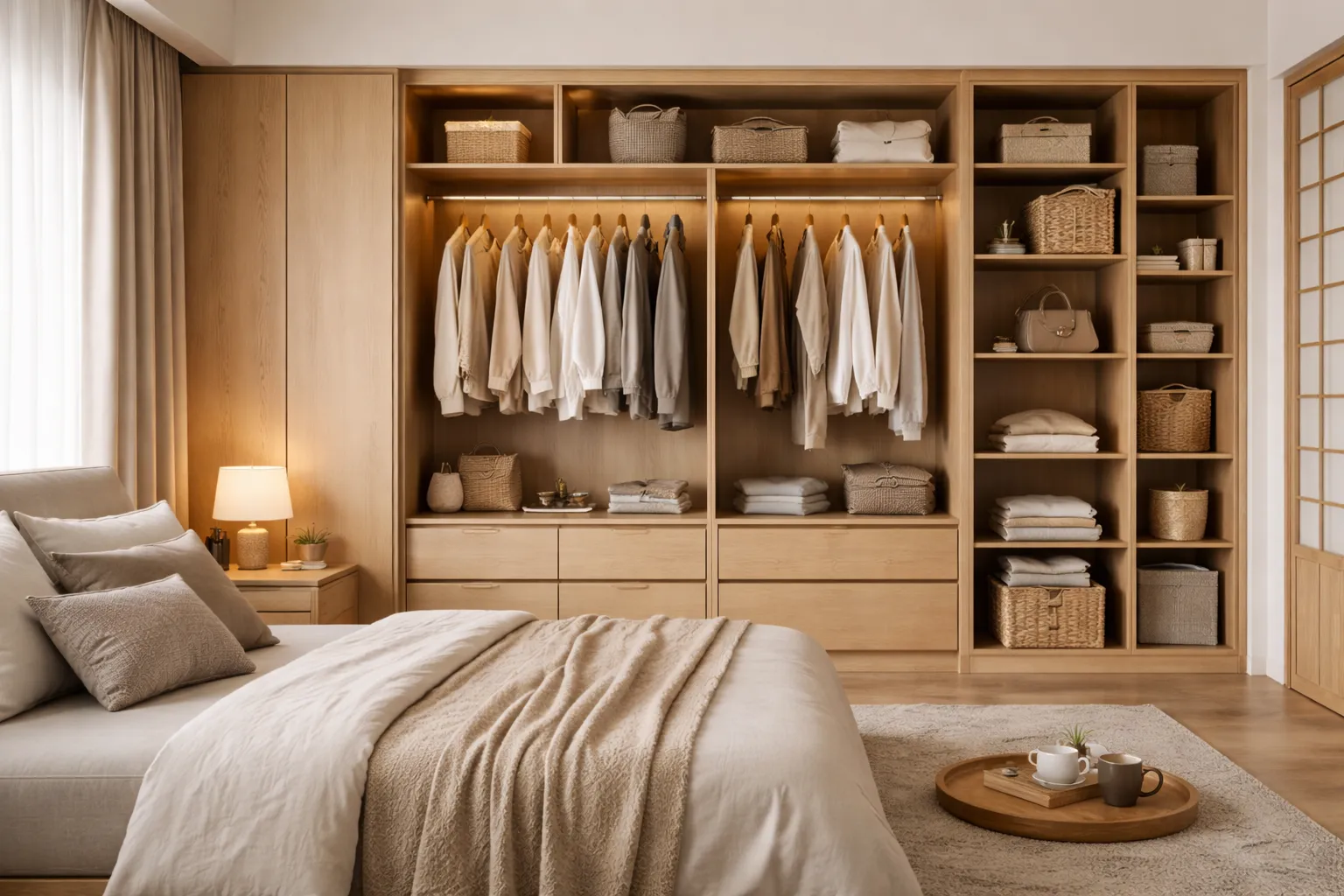 日式風格系統衣櫃設計 木質收納與分層配置 提升臥室收納與空間整潔感