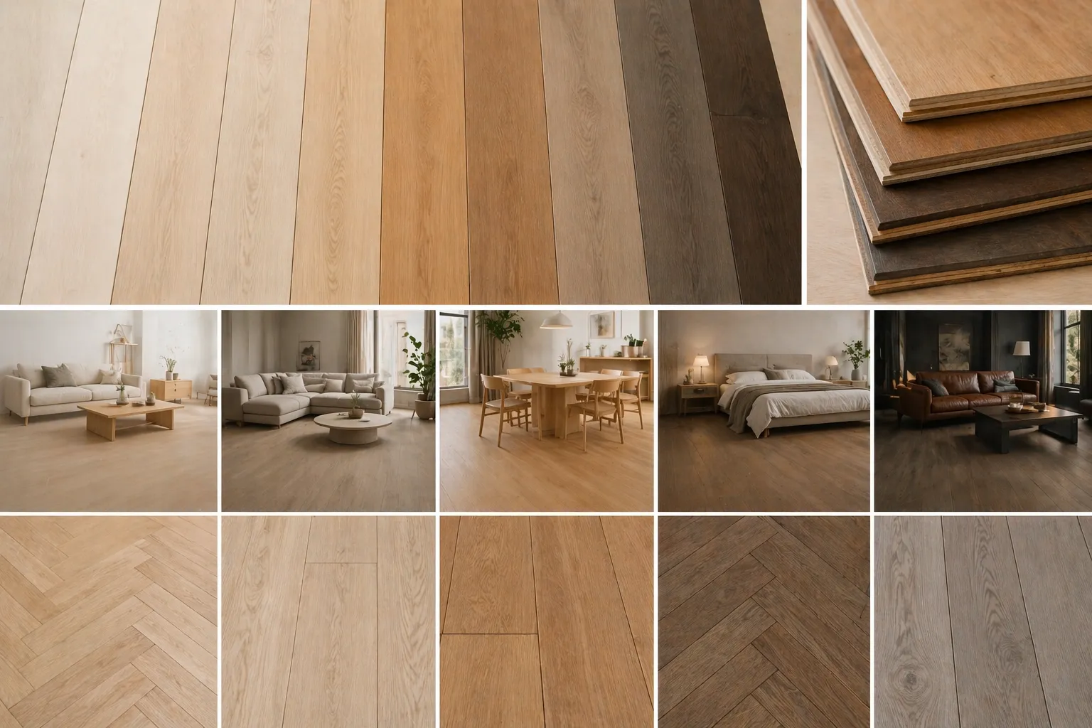 淺色到深色木地板色系比較與室內空間搭配示意圖 包含客廳餐廳臥室不同風格木地板設計應用