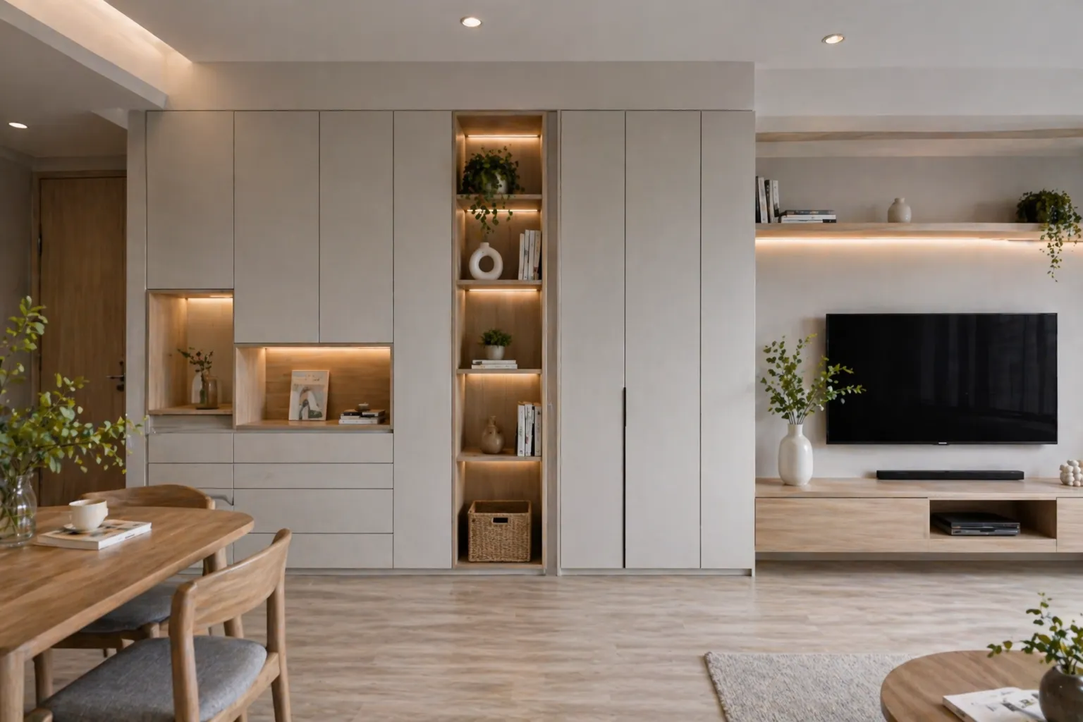 現代簡約客廳裝潢設計，開放式客餐廳空間規劃，木質裝潢與間接照明設計，小坪數室內設計與裝潢預算配置案例