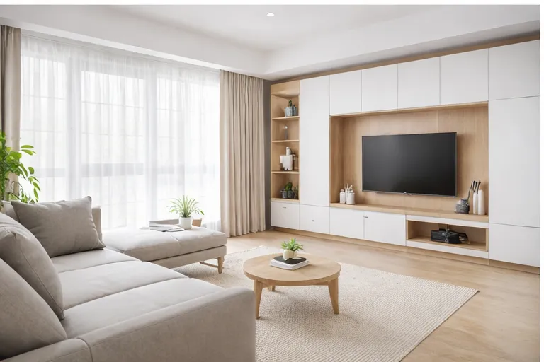 客廳 L 型空間配置設計，沙發與電視牆形成自然轉折動線，搭配大面採光與整合收納櫃體，強化動線設計流暢度與室內格局層次感，飛軒設計住宅案例。