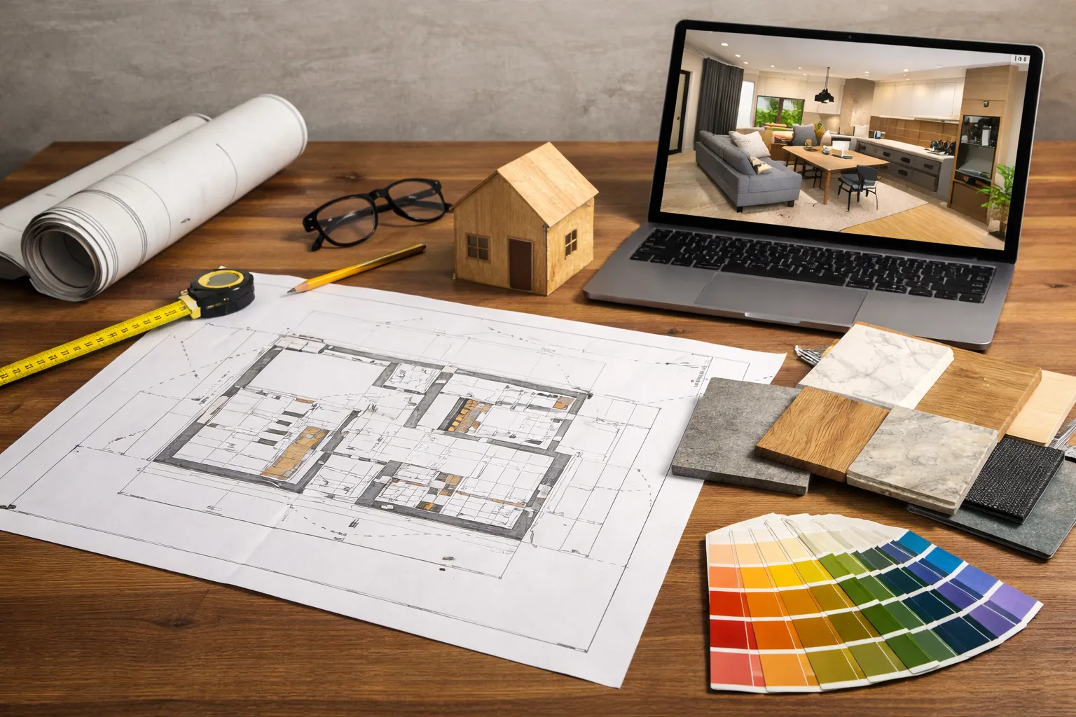 室內設計平面圖與3D模擬圖展示,搭配材質樣板與電腦設計畫面,呈現空間規劃前期的設計與風格提案過程。