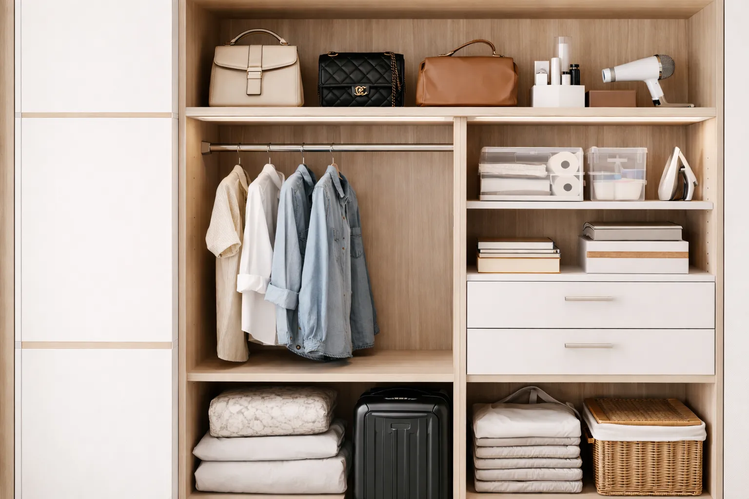 系統櫃空間設計內部收納配置，透過分層與分類規劃衣物、包包與寢具，展現高效收納與動線整合的櫃體設計。