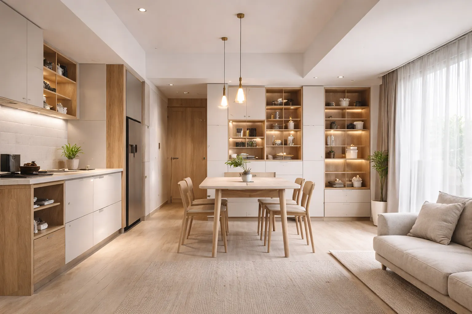 北歐風開放式餐廚空間設計，結合餐邊櫃收納與中島餐桌配置，大量自然光與木質元素營造明亮舒適的室內空間動線規劃。