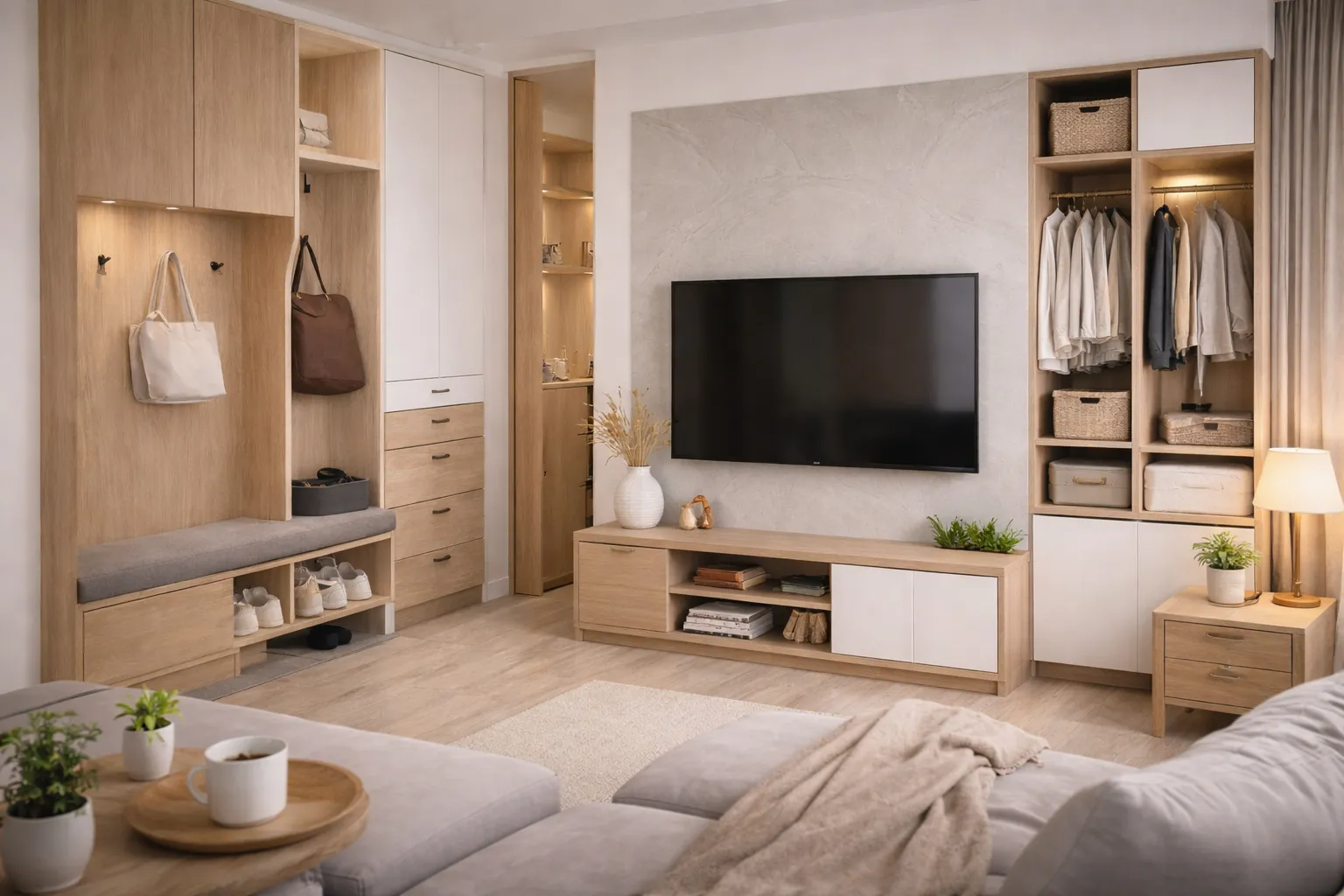 現代客廳木紋系統櫃設計結合電視牆收納與展示層架，淺木紋搭配白色櫃門提升空間收納與整體室內質感