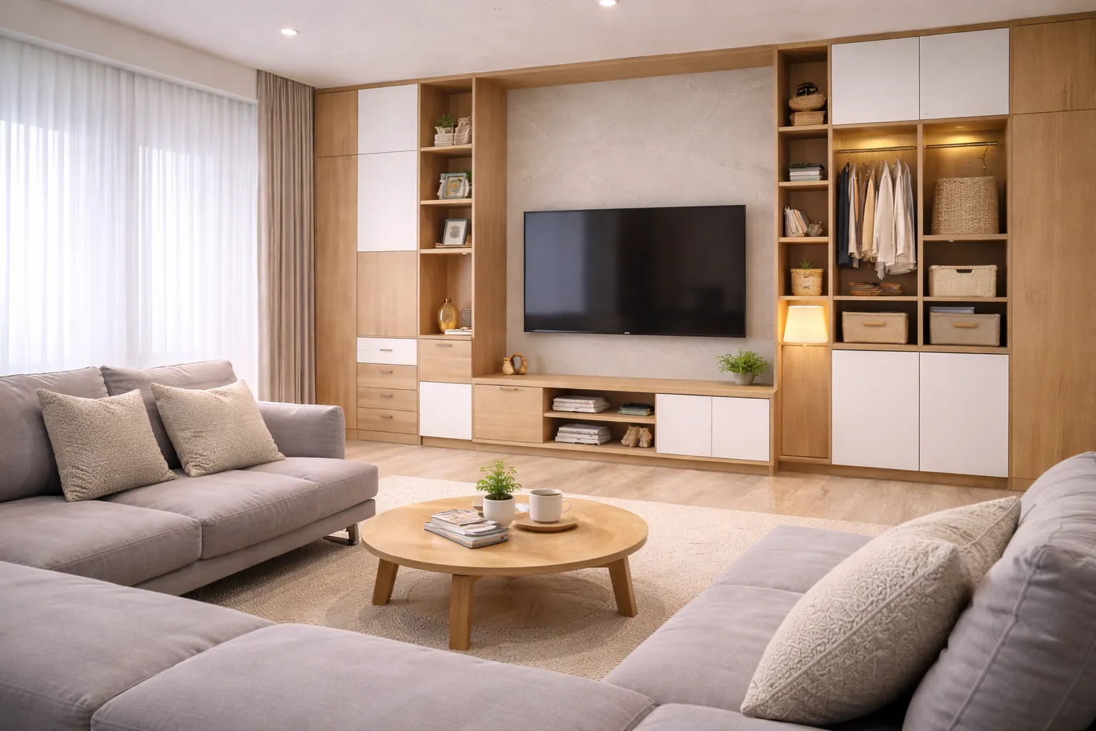 北歐風客廳空間設計結合木紋系統櫃與收納櫃體，透過材質搭配與燈光層次提升整體室內裝潢質感