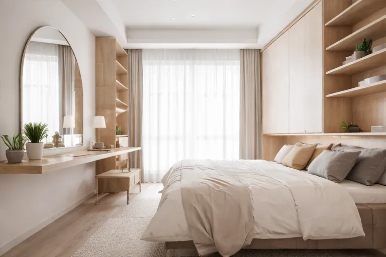 現代臥室空間設計運用大面窗戶、柔和採光與淺色床組配置,打造溫暖放鬆且具有通透感的休憩環境