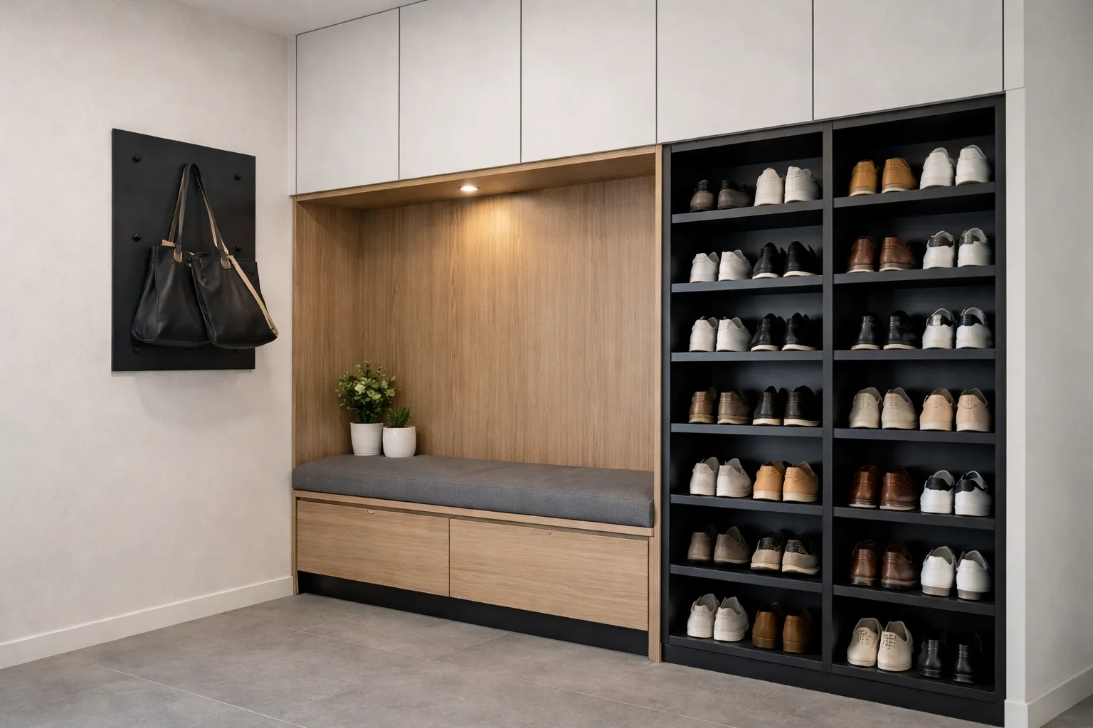 現代玄關設計結合鞋櫃收納與穿鞋椅，開放式鞋櫃展示與隱藏收納配置，提升玄關動線與收納機能