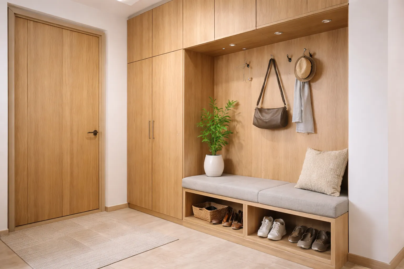 玄關設計木紋收納搭配穿鞋椅與掛衣區，打造實用又溫暖的居家入口空間設計