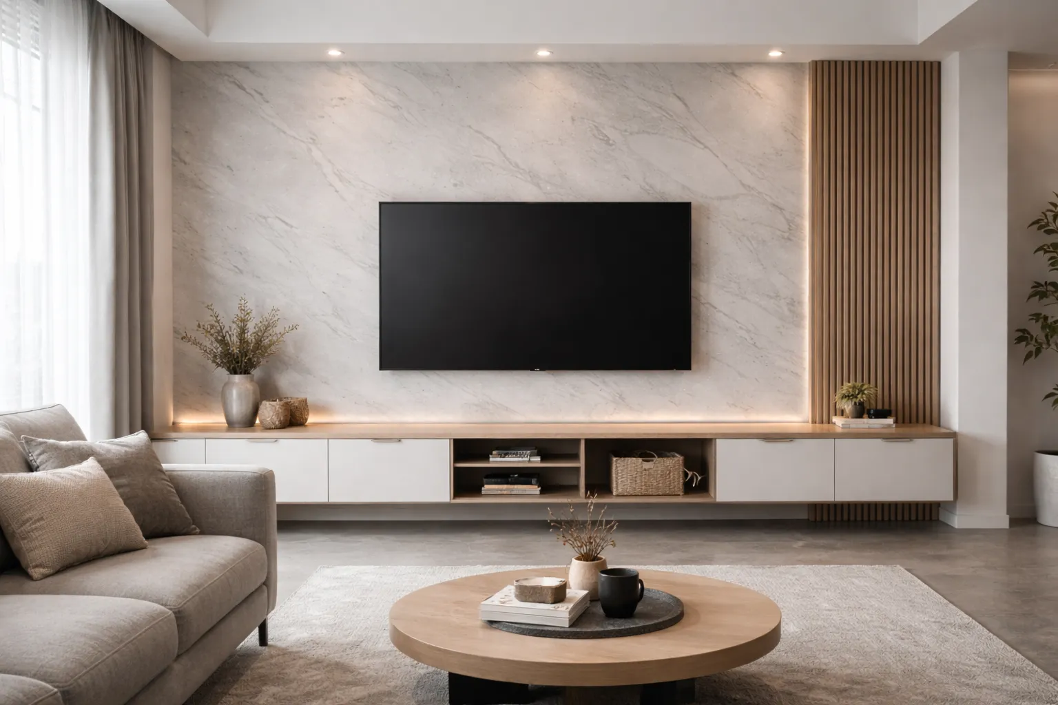 現代風電視牆設計 大理石紋牆面搭配木格柵與懸浮式電視櫃 客廳收納與質感兼具的空間規劃
