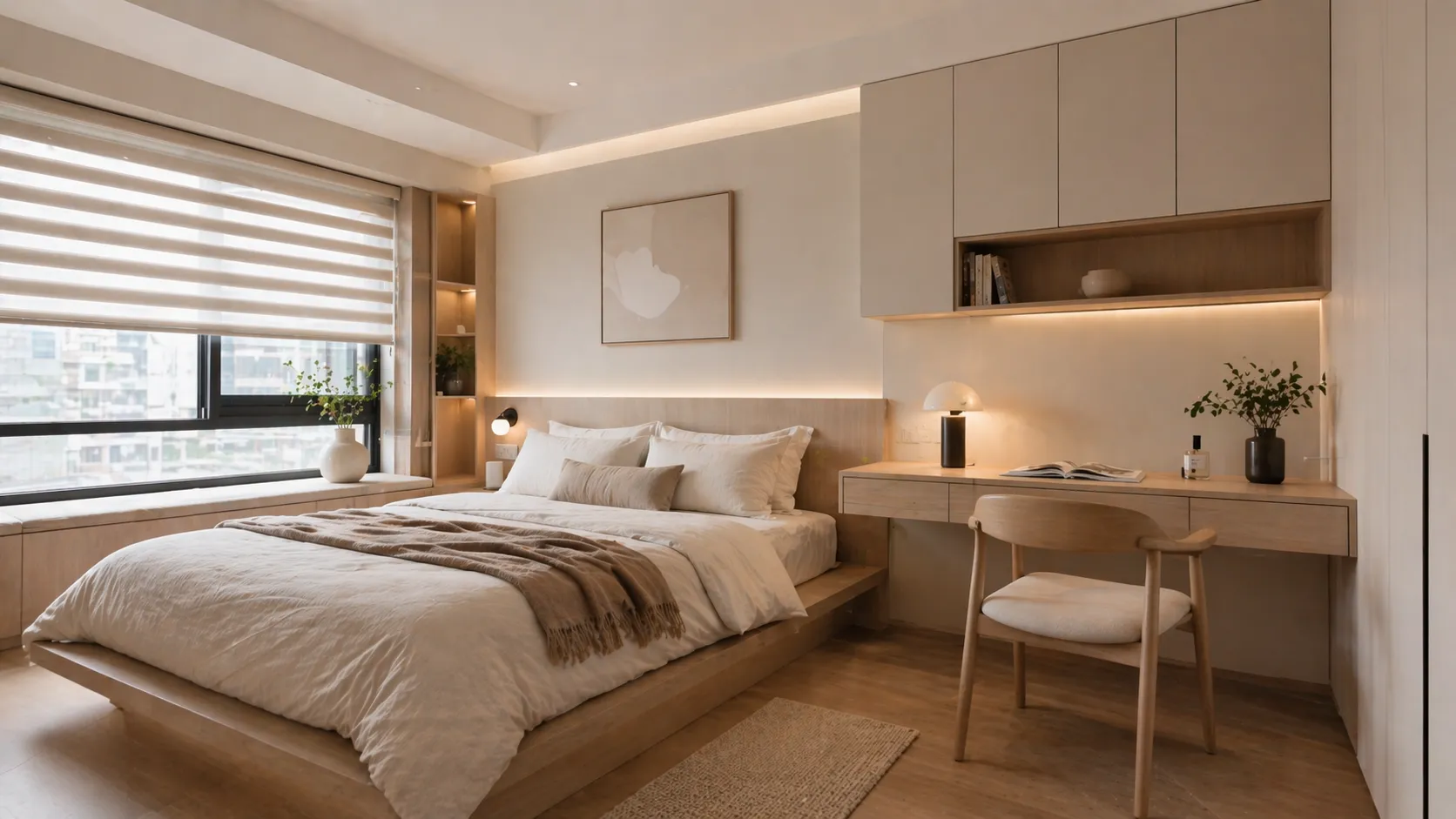小坪數臥室裝潢設計，現代簡約室內設計風格，木質收納與書桌整合空間規劃，裝潢預算控制與臥室設計案例