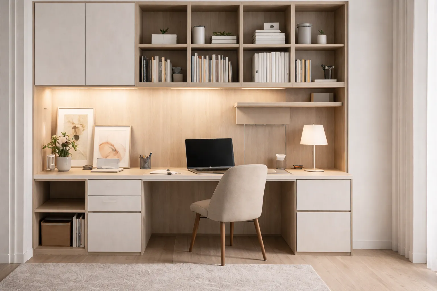 系統櫃空間設計書房應用案例，整合書桌、抽屜收納與上方層架配置，展現實用與美感兼具的工作空間設計。