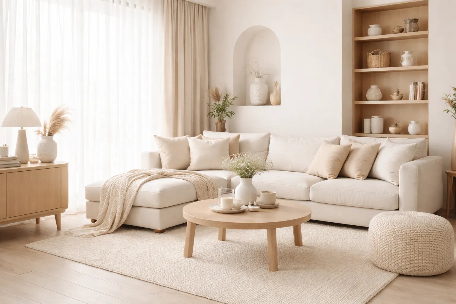 奶油風格室內設計客廳空間,以奶茶色調、圓弧立面與柔和燈光構成,展現奶油風空間設計的溫潤與療癒感。