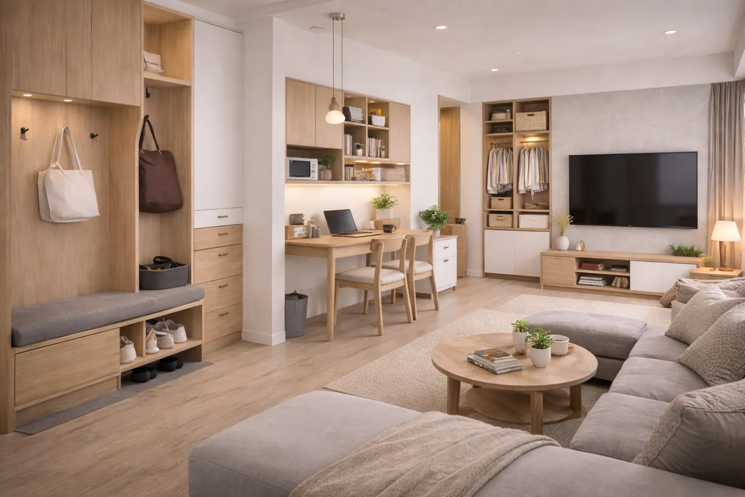 小坪數住宅木紋系統櫃整合玄關收納、書桌與客廳展示櫃設計，兼顧收納機能與溫潤自然的室內空間風格