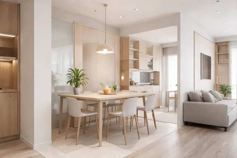 開放式餐廳與客廳空間設計,透過自然採光、淺木色家具與簡約配置提升室內明亮感與整體空間質感