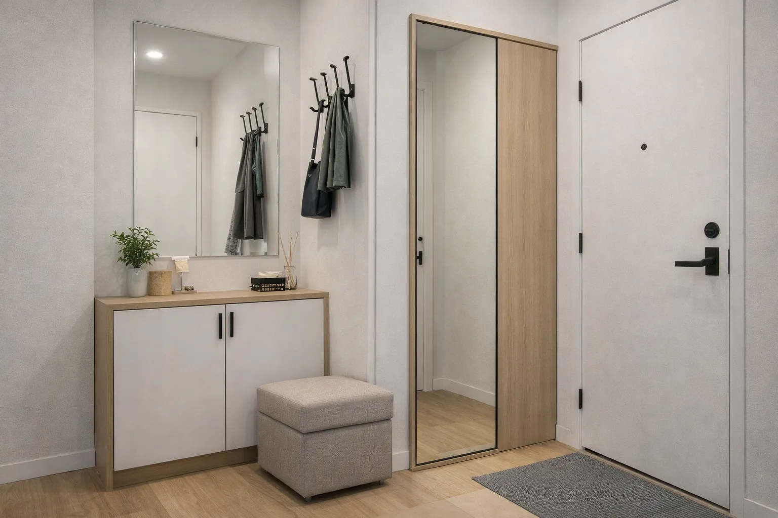 小坪數玄關設計搭配鏡面與鞋櫃收納，優化玄關動線與空間放大效果的實用規劃案例