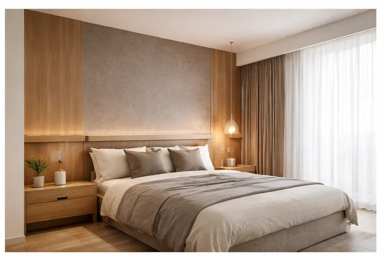 木紋室內設計臥室案例，結合暖色木質床頭牆與間接照明，打造溫暖放鬆的居家空間設計