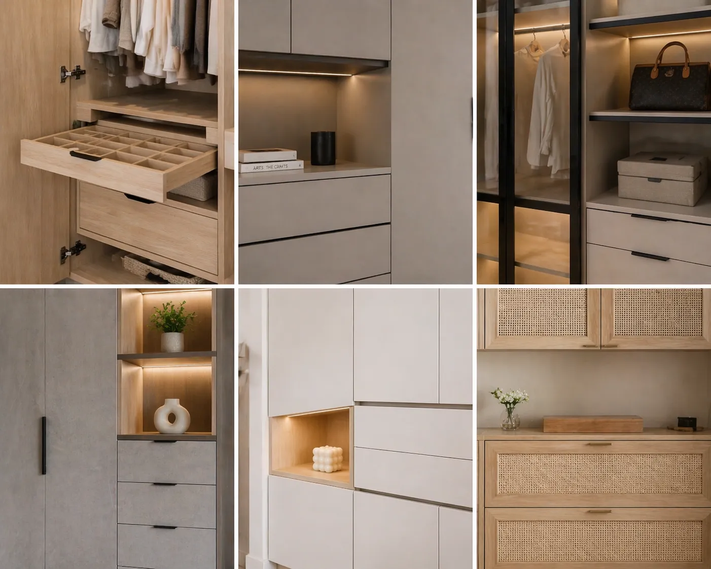 臥室系統櫃設計細節展示 抽屜分隔燈光層板與櫃體材質搭配 提升收納效率與空間質感