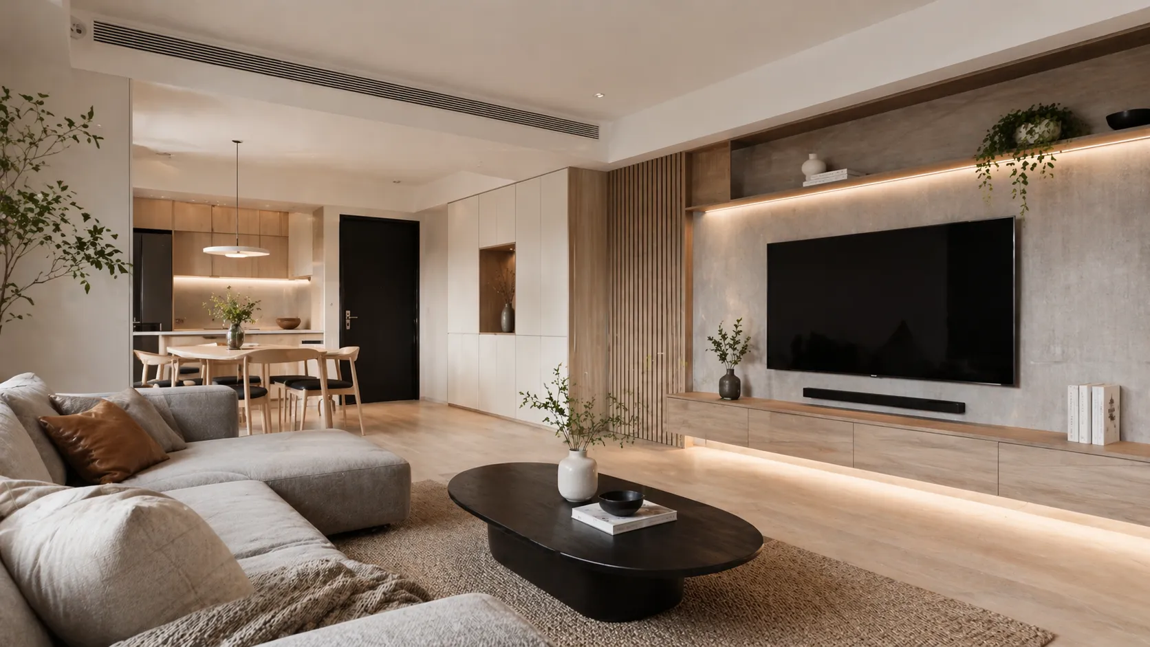 小坪數客廳裝潢設計，現代簡約室內設計與開放式空間規劃，電視牆木作與間接照明設計，裝潢預算配置案例