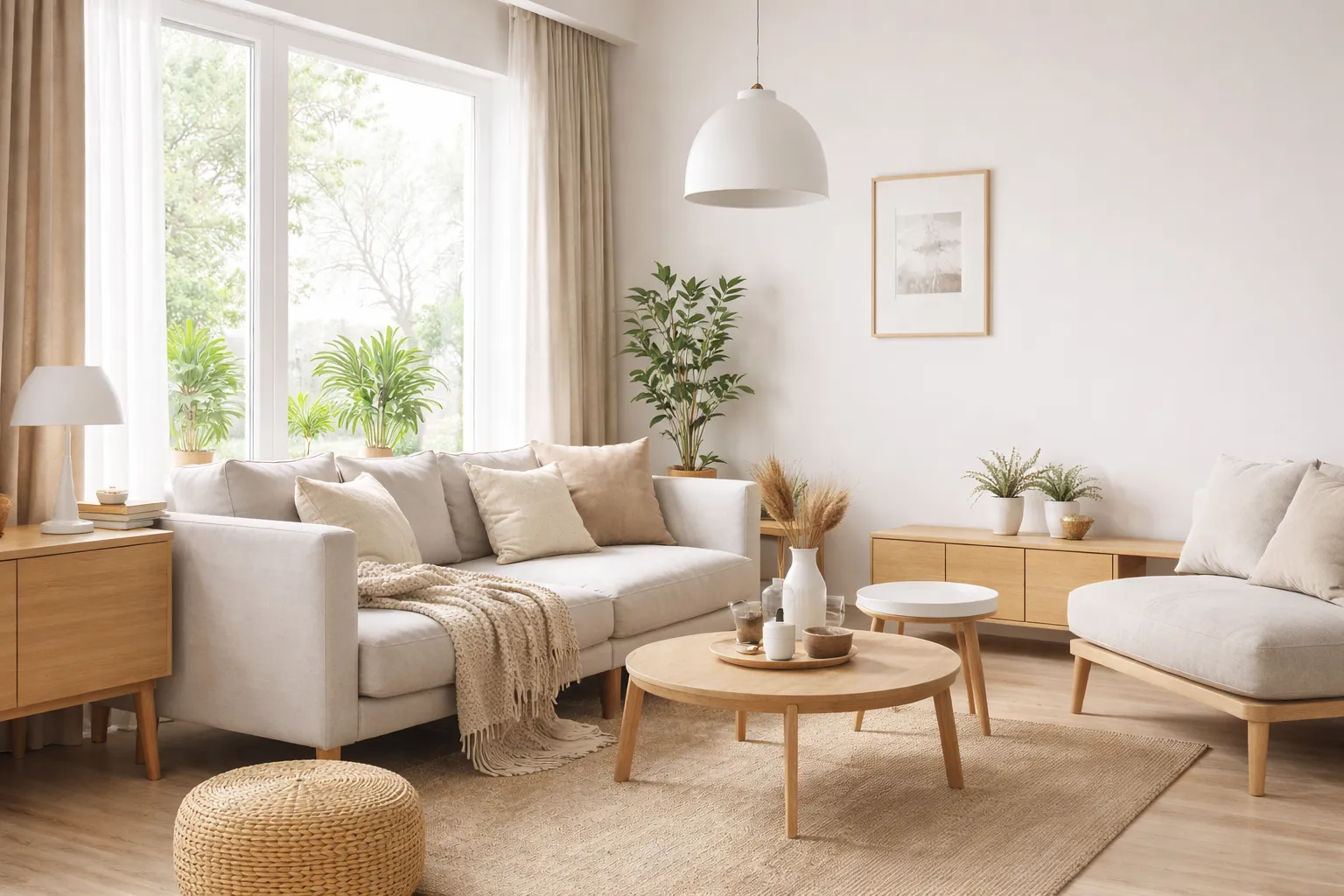 北歐風格室內設計客廳空間,結合淺木家具、留白牆面與自然採光,展現北歐風空間設計的溫潤與簡約特色。