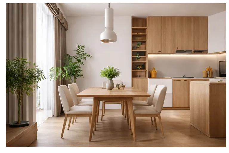 木紋餐廳設計搭配淺木餐桌與系統櫃收納，呈現自然溫暖的北歐風室內設計風格