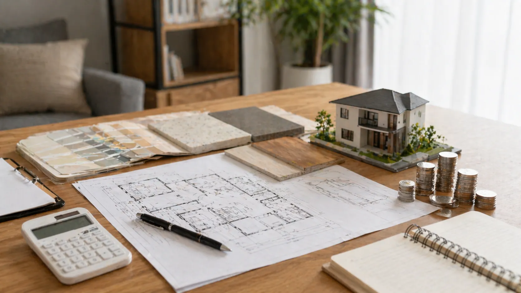 裝潢預算規劃示意圖，室內設計平面圖搭配材質樣板與色卡選擇，裝潢預算分配與空間配置設計流程，小坪數裝潢與室內設計案例