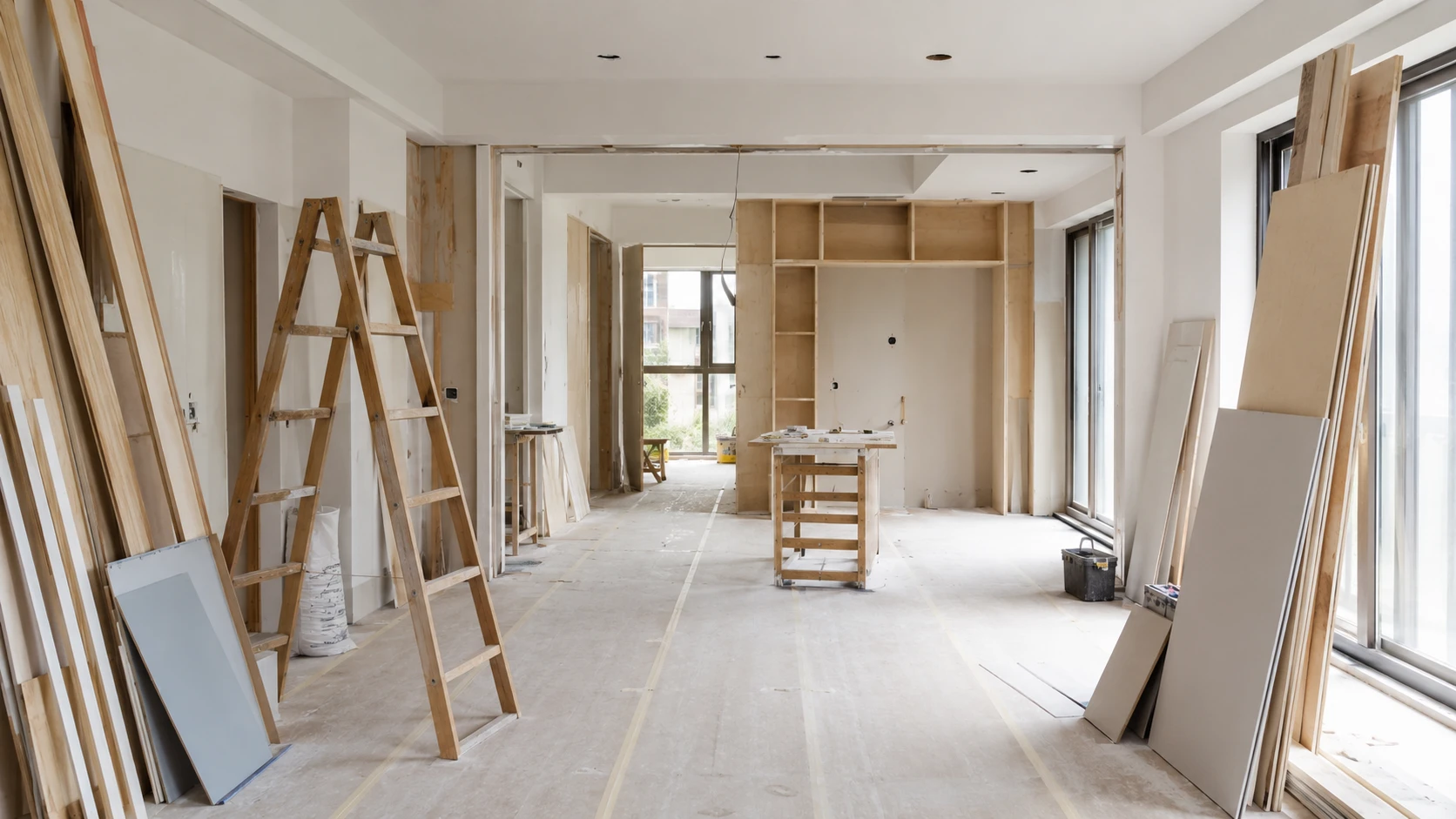 新成屋裝潢施工現場,系統櫃與木作工程進行中,展示驗屋後正式進入裝修階段