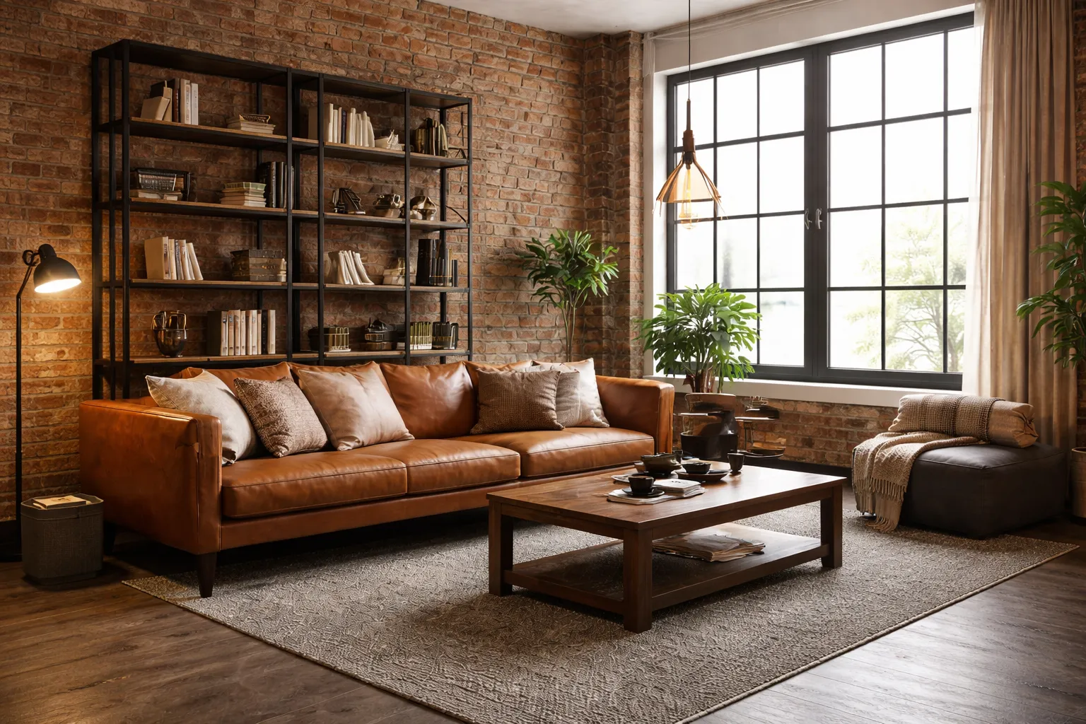 工業風格室內設計客廳空間,結合紅磚牆、黑鐵書架與深色木質家具,展現工業風空間設計的材質對比與風格特色。
