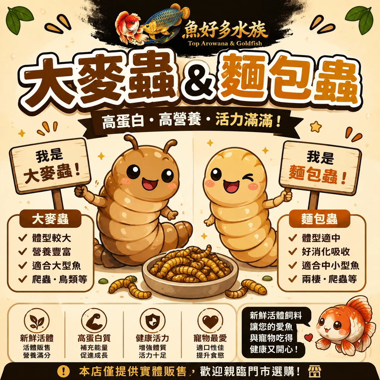 久等了！缺貨人氣王終於補貨到店！缺貨許久的 大麥蟲 ＆ 麵包蟲 終於到貨啦！  新鮮、活力佳、適口性高， 無論是龍魚、大型魚、、爬蟲、 鳥類或其他寵物都愛不釋口！  近期詢問度超高， 這次到貨數量有限， 需要的朋友趕緊私訊或