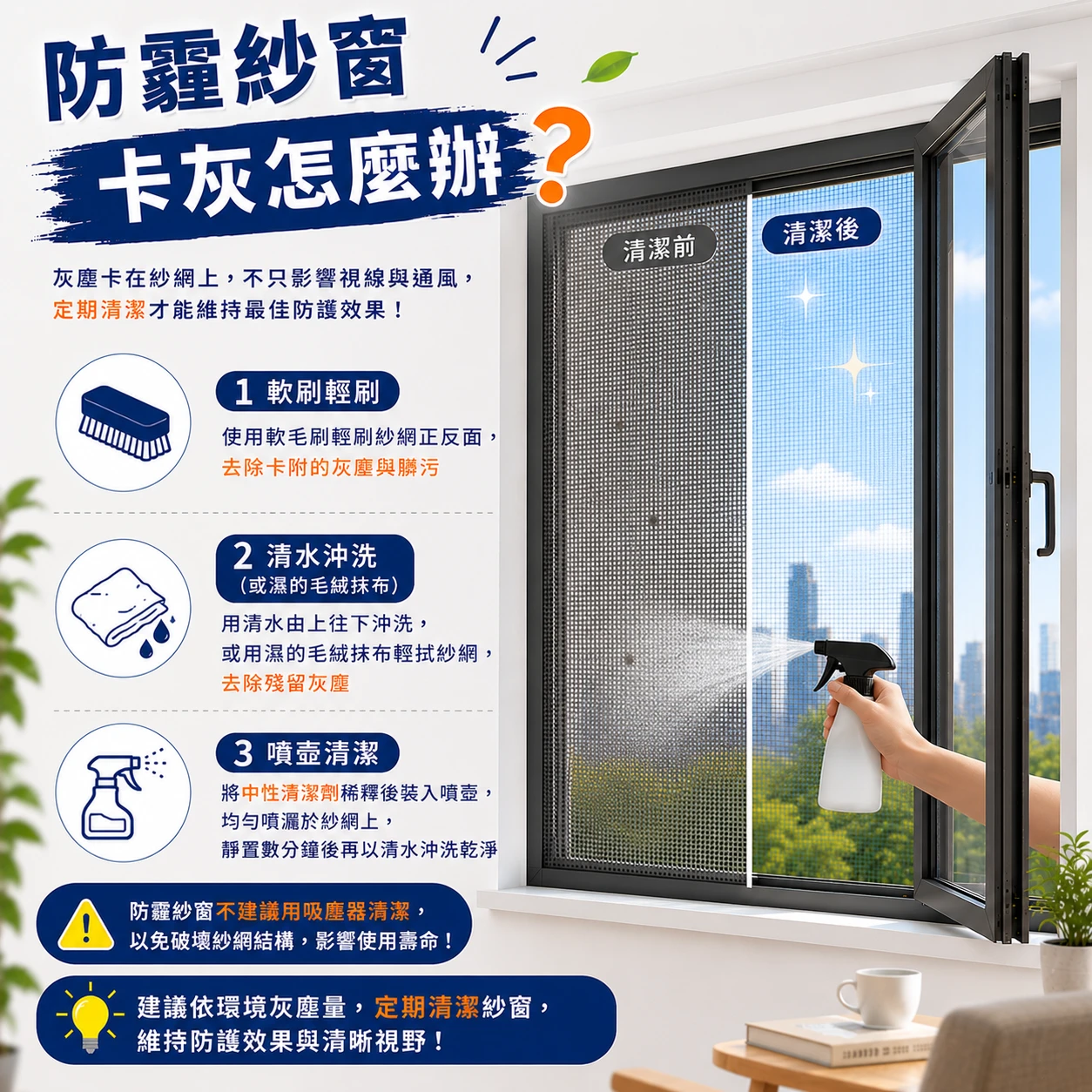 防霾紗窗卡灰怎麼辦？