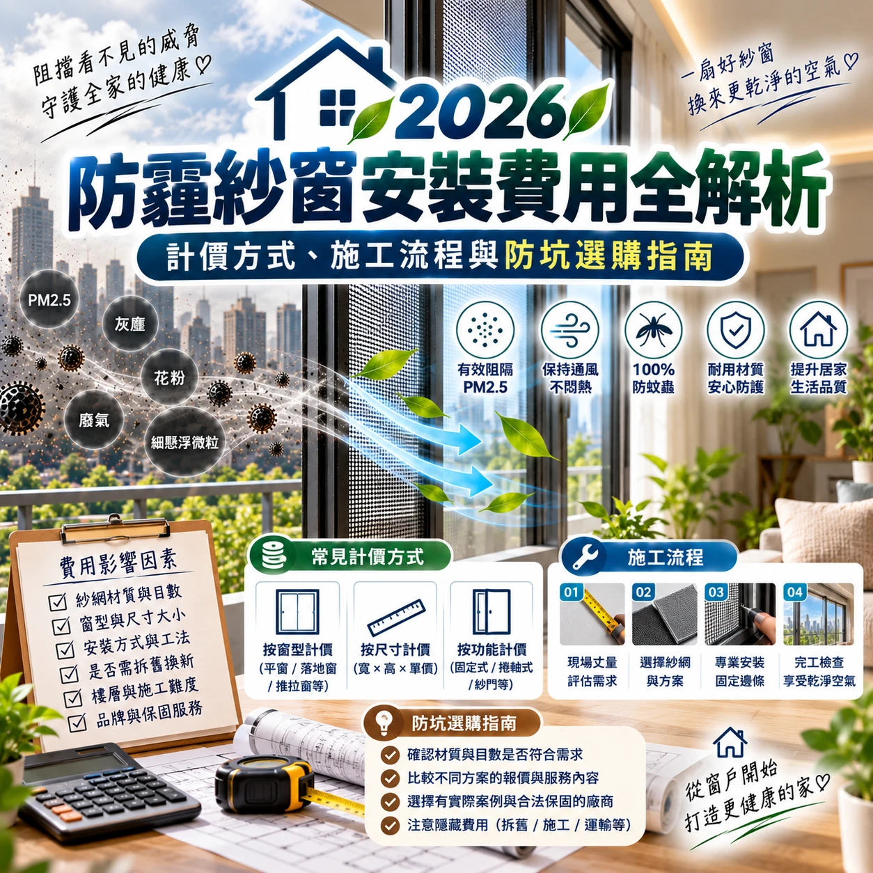 2026 防霾紗窗安裝費用全解析：計價方式、施工流程與防坑選購指南