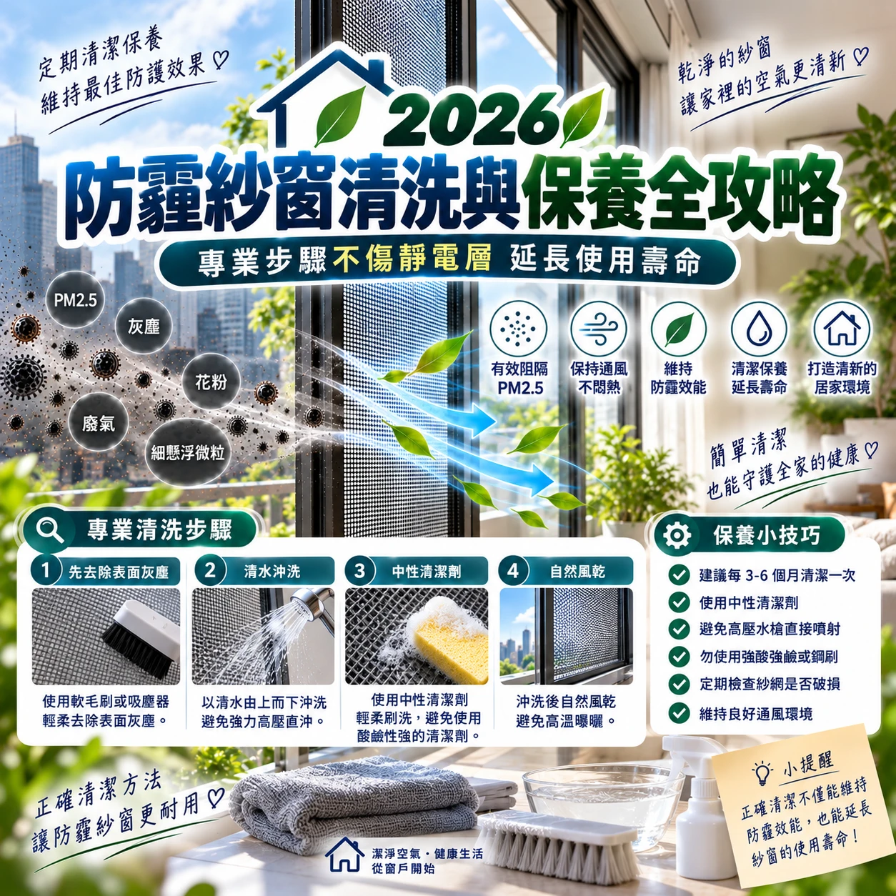 2026 防霾紗窗清洗與保養全攻略：專業步驟不傷靜電層