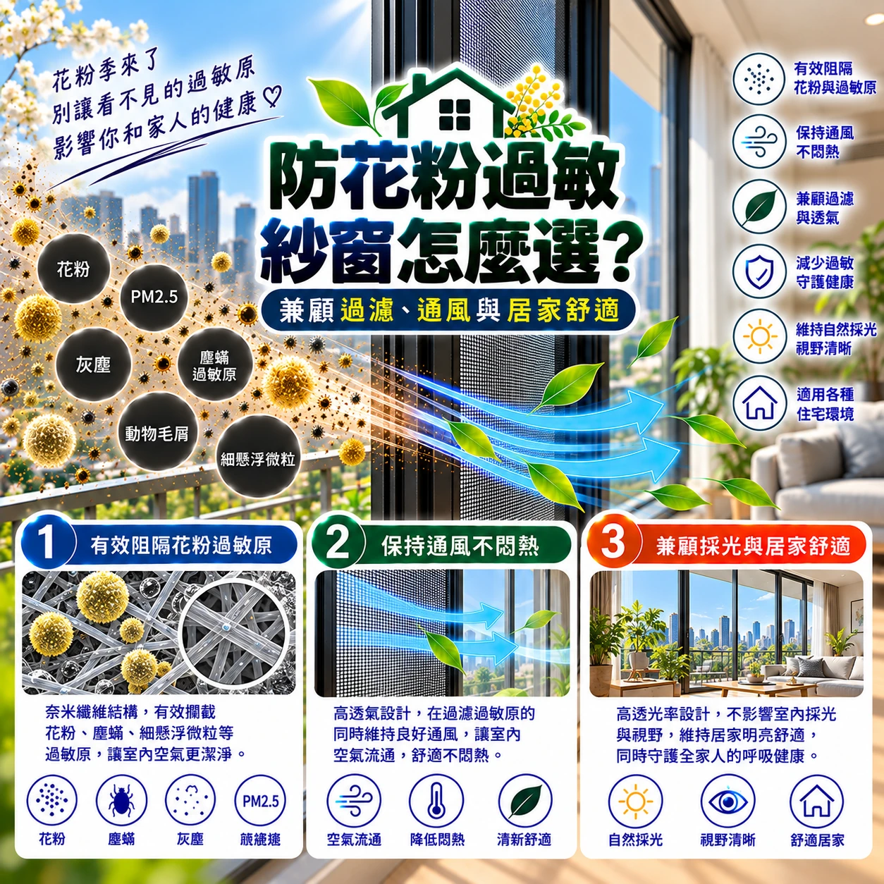 防花粉過敏紗窗怎麼選？兼顧過濾、通風與居家舒適