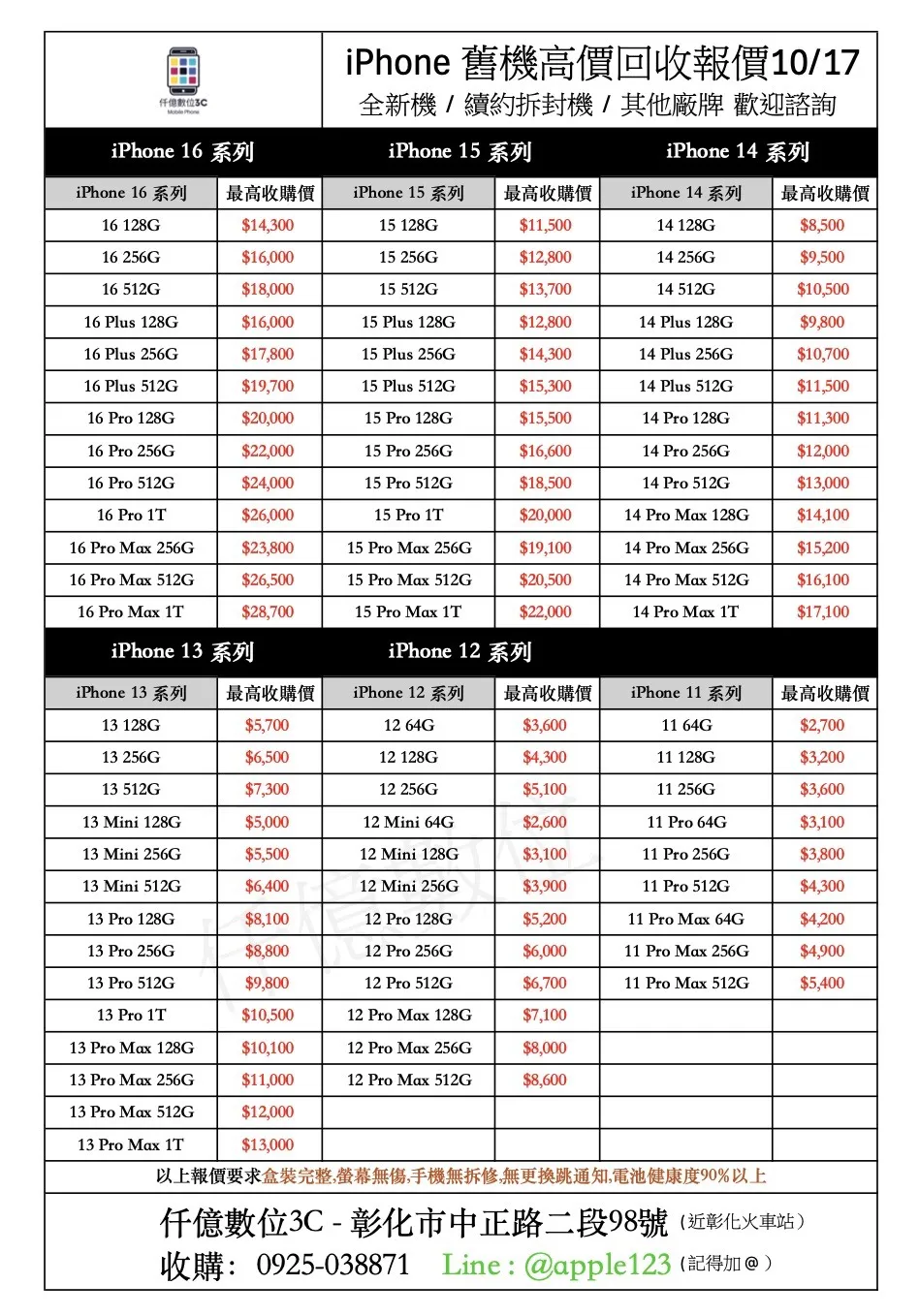 最新 iPhone 二手機回收報價 ！