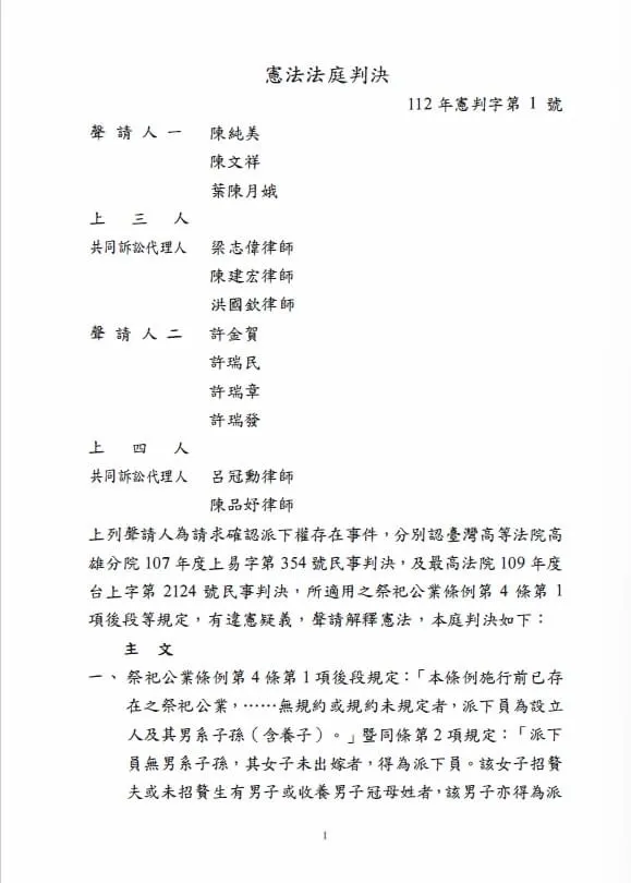賀!【憲法法庭112年憲判字第1號之祭祀公業派下員資格案宣告違憲】