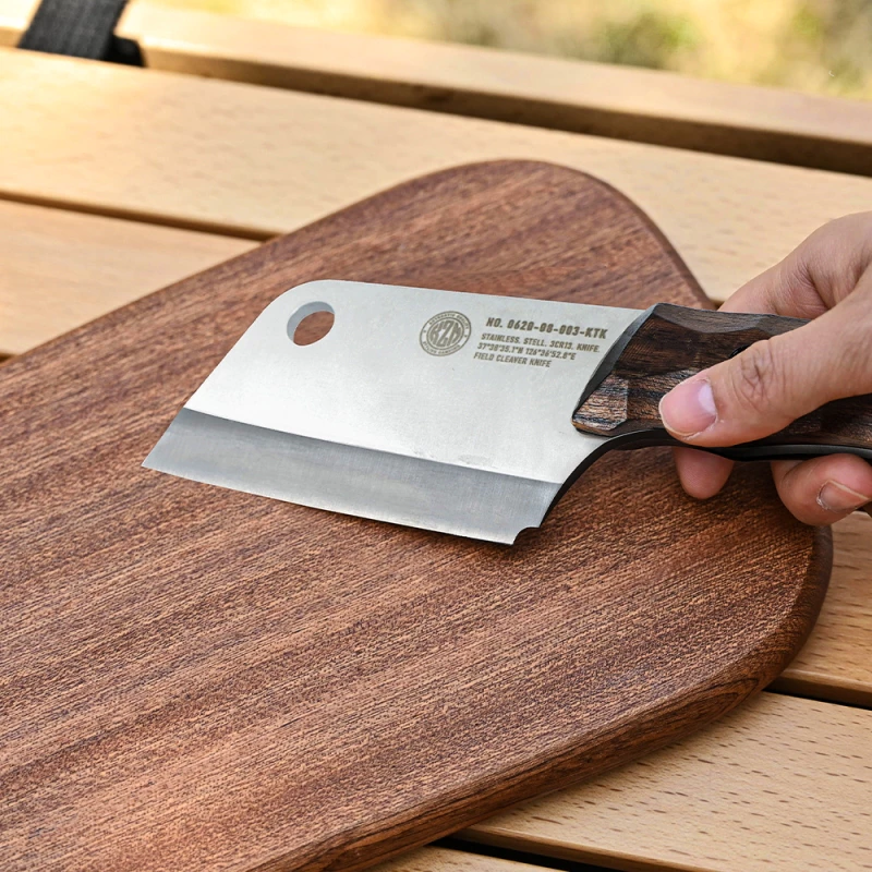 【綠色工場】KAZMI KZM 工業風木柄料理刀 3CR13不鏽鋼刀 胡桃木柄 露營刀具 野炊刀具 附皮革收納套